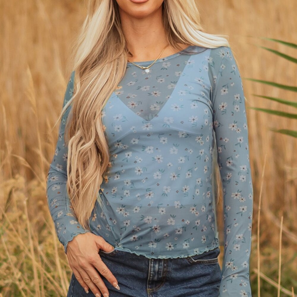 B335  Sky Blue Vintage Floral Print Southern Style Mesh Long Sleeve Top